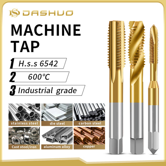 Titanium Nitride Coated HSS Machine Taps M3-M12, 10-Piece Set, High-Speed Steel Threading Tool for Stainless Steel, Hard Metals, CNC Drilling - Extended Durability & Precision